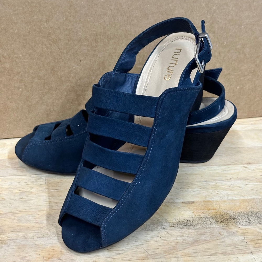 Nurture Bethel Sandals Womens 5.5 Navy Blue Leather Cage Wedge Slingback Exc